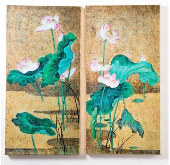 Set 2 cuadros flores y tallos acabado rosa y verde 50x100
