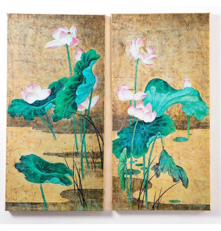 Set 2 cuadros flores y tallos acabado rosa y verde 50x100