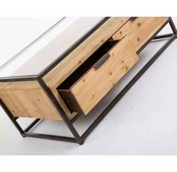 Mesa de centro Haude metal negro madera natural y cristal