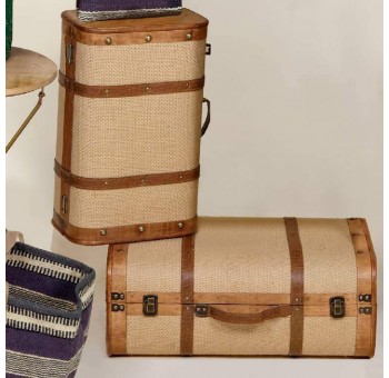 Set 2 maletas grandes Vega madera natural tela beige piel marrón