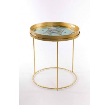 Mesa auxiliar Geometríco metal madera cristal dorado bandeja