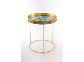 Mesa auxiliar Geometríco metal madera cristal dorado bandeja