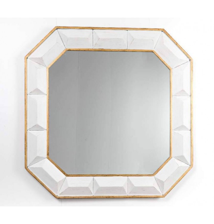 Espejo octogonal metal en relieve blanco decapado dorado