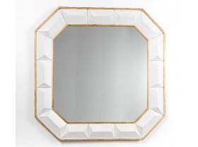 Espejo octogonal metal en relieve blanco decapado dorado
