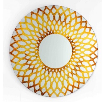 Espejo Veneciano redondo detalles geométricos dorado y ámbar