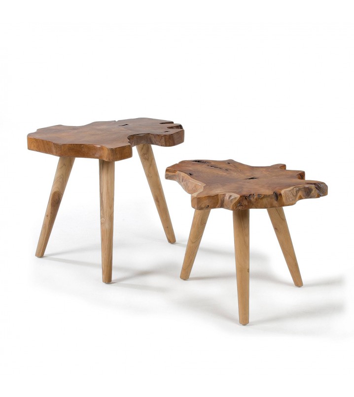 Set 2 mesas auxiliares tronco madera de teca natural