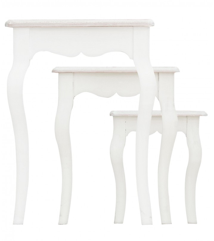 Set de 3 mesas auxiliares Laboe madera flores talladas blanco