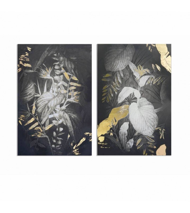 Set 2 cuadros lienzo hojas blanco y negro pan de oro