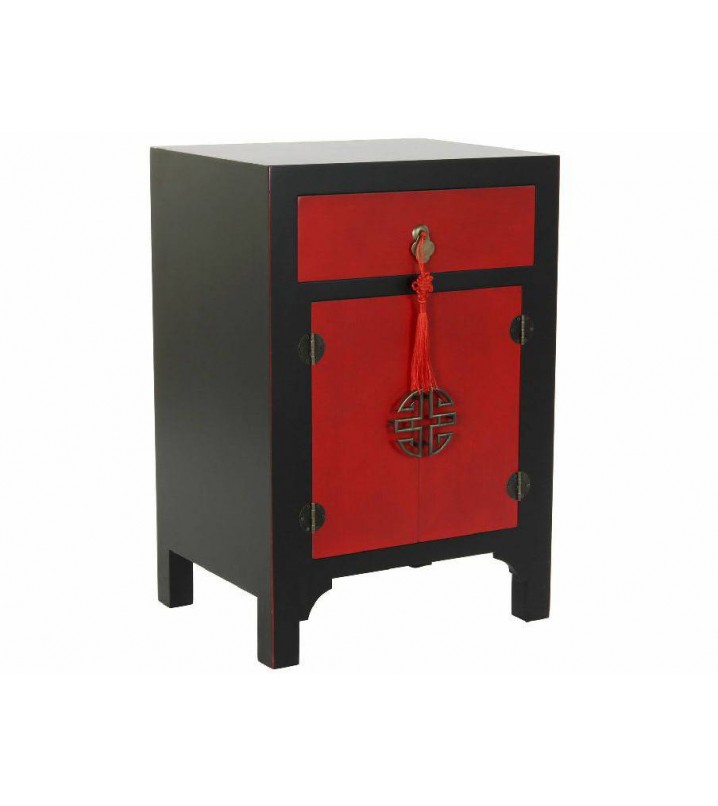 Mesa de noche Kaede madera abeto rojo y negro 1 cajón 2 puertas