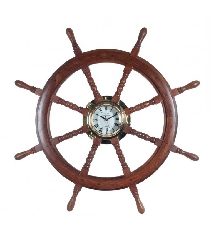 Reloj de pared timón rueda madera latón