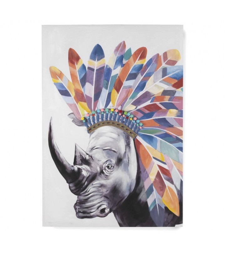 Cuadro lienzo Rinoceronte plumas al óleo pintado a mano