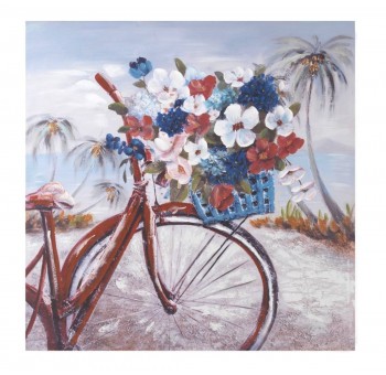 Cuadro lienzo Bicicleta cesto flores al óleo pintado a mano