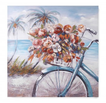 Cuadro lienzo Bicicleta cesto flores y palmeras al óleo pintado a mano