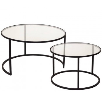Set 2 mesas nido redondas auxiliares Sven cristal y metal negro