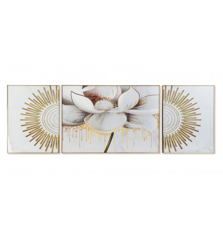 Set de 3 cuadros Alasia flor aluminio madera marco dorado