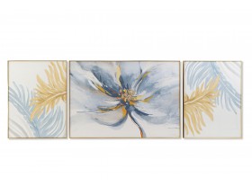 Set de 3 cuadros Alasotto flor hojas aluminio madera marco dorado