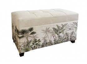 Baúl asiento tapizado beige con palmeras