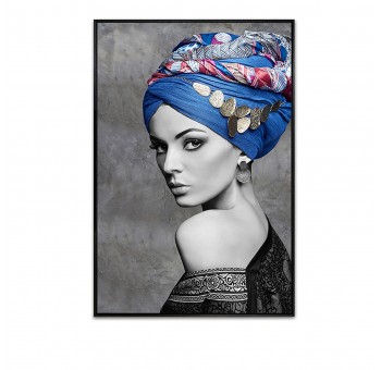 Cuadro lienzo mujer con turbante azul 84x4x122
