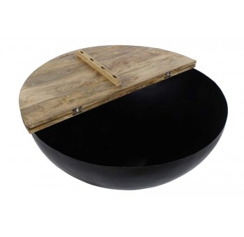 Mesa de centro arcón redonda negra sobre madera