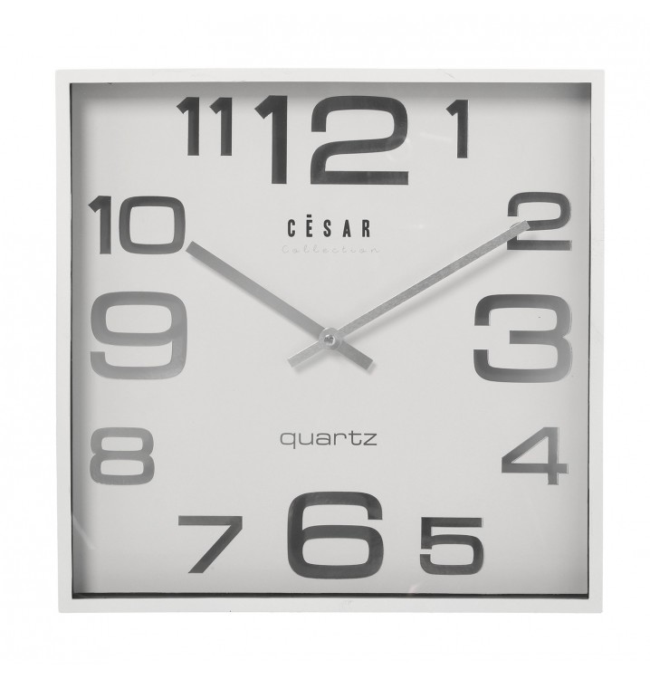 Reloj pared cuadrado blanco y plata analógico