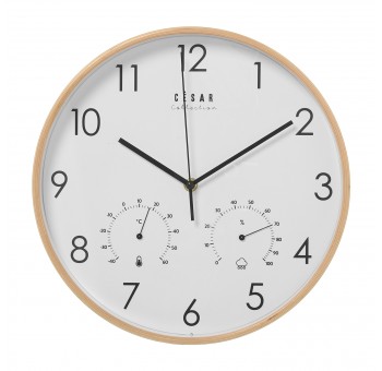 Reloj Pared Madera Color Haya C/termómetro E Higrómetro Ø32x4,5cm, Segundero Contínuo