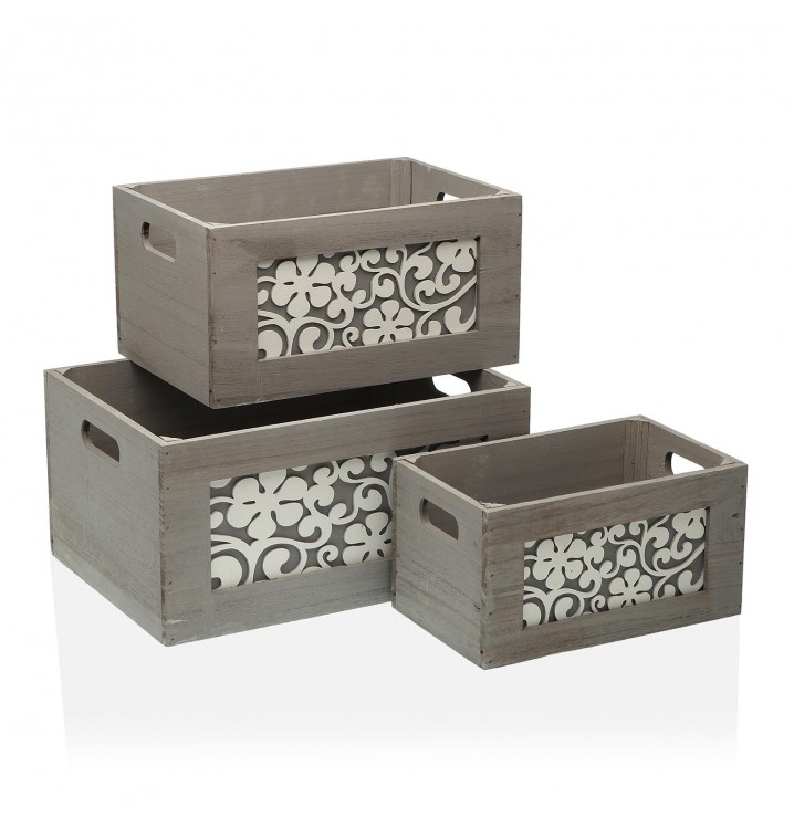 Set 3 cajas madera gris y flores blancas relieve