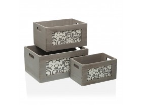 Set 3 cajas madera gris y flores blancas relieve