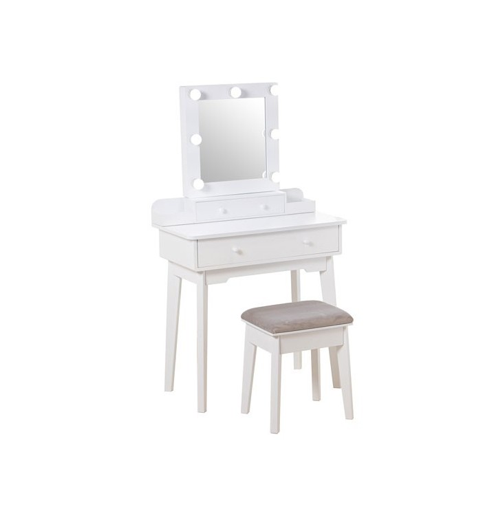 Mesa tocador madera y espejo y taburete blanco
