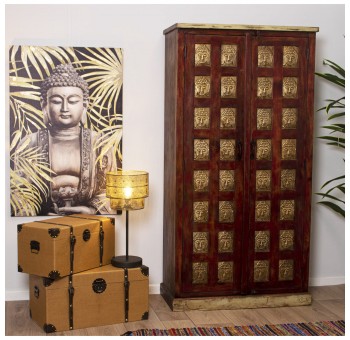 Armario indio Budha Gold mango envejecido marrón 2 puertas