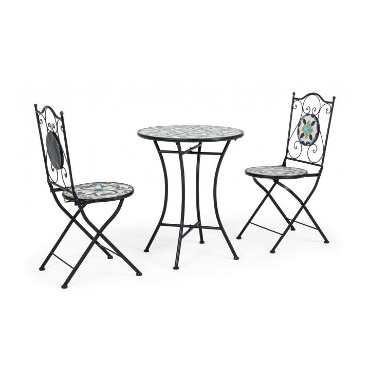 Set de mesa auxiliar redonda y 2 sillas Lods hierro y cerámica verde D60