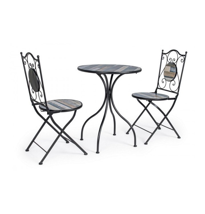 Set de mesa auxiliar redonda y 2 sillas Lods hierro y cerámica grises D60