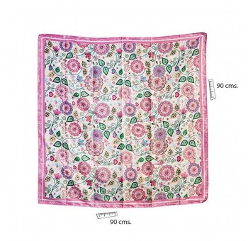 Pañuelo cuello decorado 90x90 flores rosas