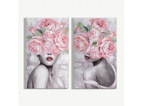 Juego 2 cuadros lienzos Mujer con rosas pintado al óleo