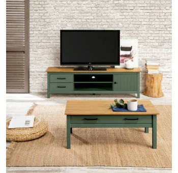 Mueble Tv Asterios madera natural y verde 1 puerta 2 cajones