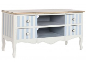 Mueble Tv Sophos madera rayas blancas y azules 4 cajones