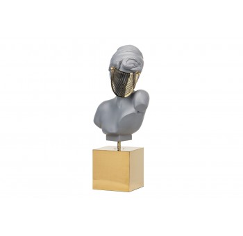Figura decoración busto mujer gris máscara dorada