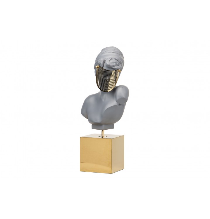 Figura decoración busto mujer gris máscara dorada