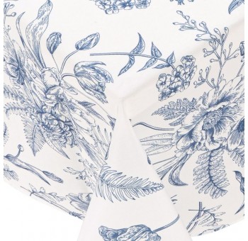 Mantel antimanchas 150x150 blanco y azul flores y hojas
