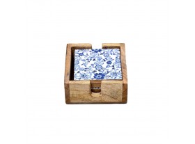 Set 4 posavasos cuadrados madera de mango flores azules en caja