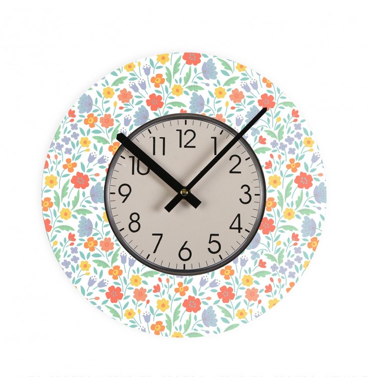 Reloj pared madera florecitas multicolor D29 analógico
