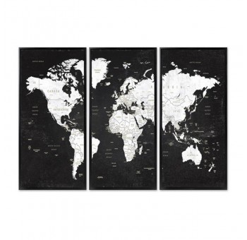 Tríptico cuadros Mapa del Mundo enmarcado negro