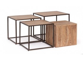 Set 4 mesas auxiliares Jericho acero y madera de acacia