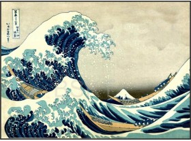 Cuadro lienzo horizontal enmarcado marrón La Ola Hokusai 110.5x80.5