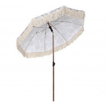 Sombrilla parasol blanca hojas verdes con flecos