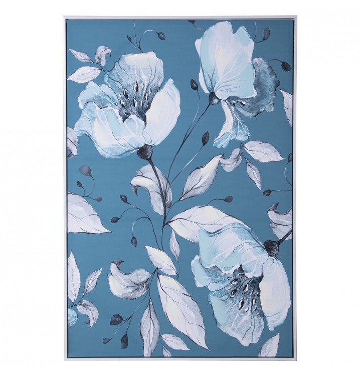 Cuadro Scaly lienzo impreso flores fondo azul marco blanco