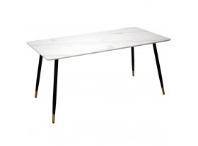 Mesa comedor Marem madera efecto mármol blanco patas metal negro