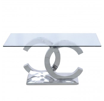 Mesa comedor Zeka cristal templado base acero brillo detalle forma letra c