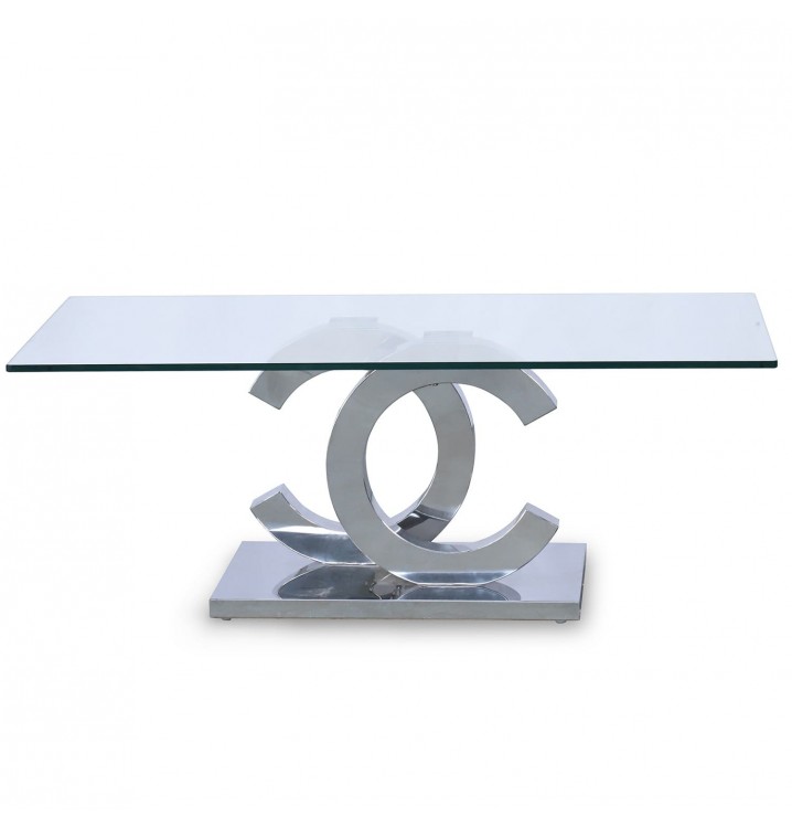 Mesa de centro Zeka cristal templado base acero brillo detalle forma letra c pequeña