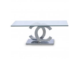 Mesa de centro Zeka cristal templado base acero brillo detalle forma letra c pequeña