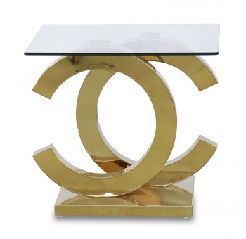 Mesa auxiliar Zeka cristal templado base acero oro brillo detalle forma letra c